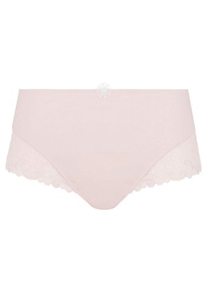 Light pink women's hipster panties with floral lace trim on the sides and a small decorative flower at the center waistband.
