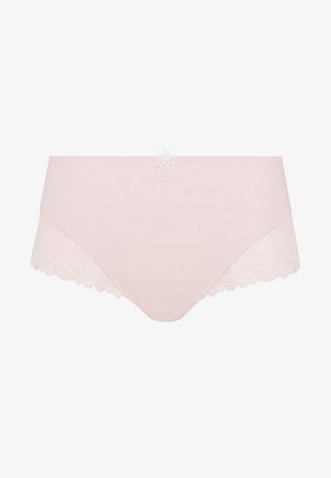 Jasnoróżowe damskie majtki hipsterskie z kwiatową koronką po bokach oraz małym dekoracyjnym kwiatkiem na środku pasa.