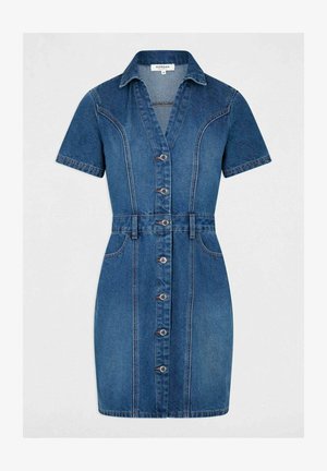 Denim skjortekjole med korte ærmer, knaplukning foran, krave og tætsiddende talje. Klassisk blå farve med synlige syninger og sidelommer.