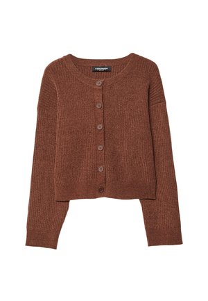 Cardigan court marron en tissu tricoté texturé. Doté d'un col rond et de six boutons sur le devant. Les poignets des manches sont côtelés.