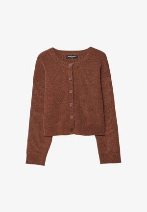 Cardigan corto marrone realizzato in tessuto a maglia testurizzato. Presenta un collo rotondo e sei bottoni sulla parte frontale. I polsini delle maniche sono a costine.