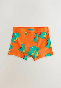Boxer shorts arancioni in cotone con motivi di dinosauri verdi, gambe corte, cintura elastica e un'etichetta con la scritta "NEXT."