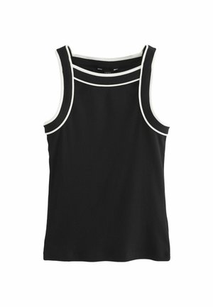 Czarny prążkowany tank top bez rękawów z białym obszyciem podkreślającym dekolt i pachy, ułożony na płasko na białym tle.