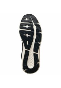 Sort tekstureret gummisål med mønstret slidbane, med hvide accenter langs kanterne. Inkluderer forskellige trækkroge og udskæringer.