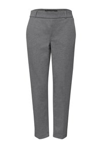 Szare, dopasowane spodnie o gładkiej fakturze, z średniej wysokości paskiem w talii i prostą nogawką. Minimalistyczny design, bez widocznych wzorów czy akcentów.