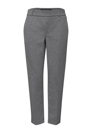 Graue, taillierte Hosen mit glatter Textur, mittelhohem Bund und geradem Bein. Minimalistisches Design, keine sichtbaren Muster oder Akzente.