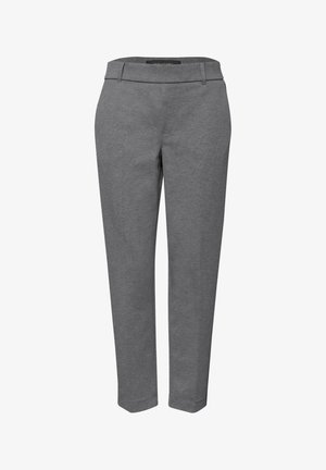 Pantalons gris ajustés avec une texture lisse, une taille mi-haute et une coupe droite. Design minimaliste, sans motifs ni accents visibles.