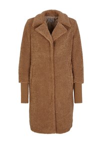 Brauner, strukturierten, Kunstfellmantel mit einem angedeuteten Kragen, offener Front und gerippten Ärmeln. Mittellang mit einem lässigen Schnitt und ohne sichtbare Verschlüsse.