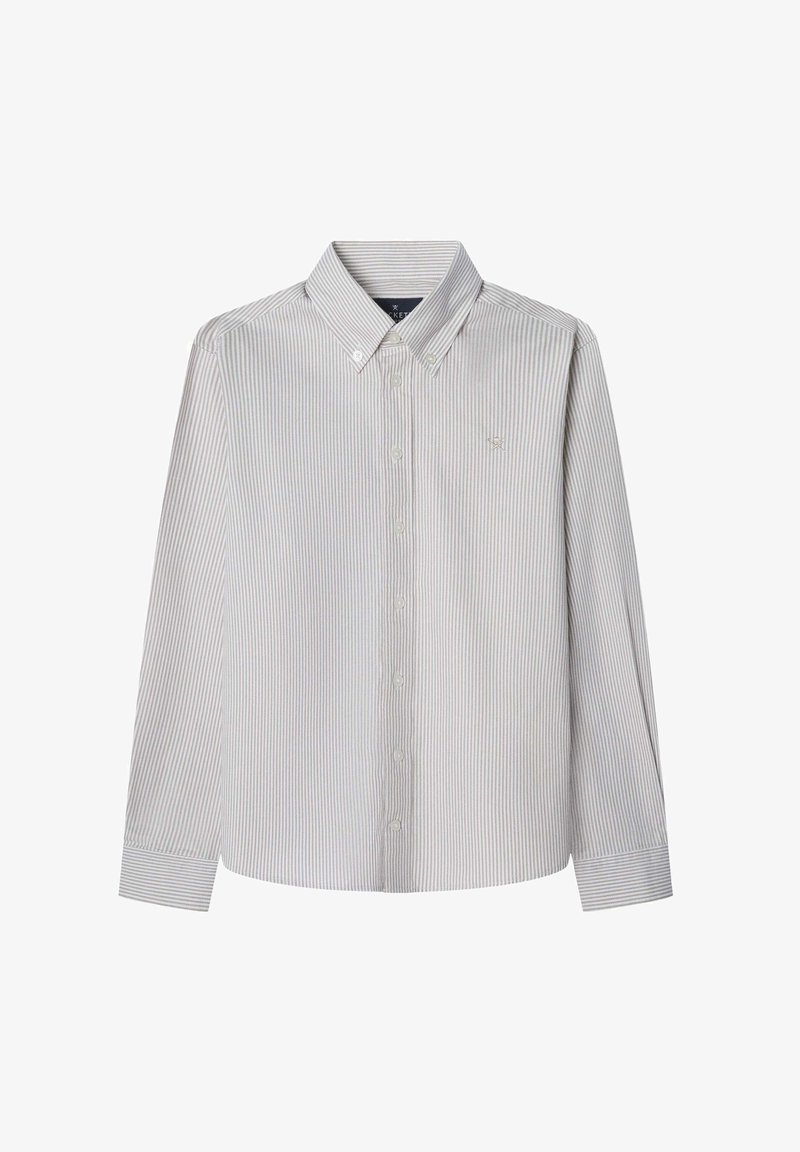 Langsleeve knoopblouse met een kraag, voorzien van een blauw-witte gestreepte patroon en een klein geborduurd logo op de borst.