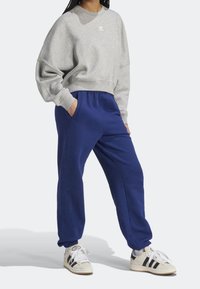 Grå sweatshirt med rund halsringning och sänkta axlar, tillsammans med blå joggers med elastiska mudd och sidofickor. Vita ränder på skorna.