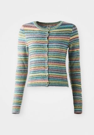 Cardigan rayé en tricot doux, présentant des teintes multicolores de bleu, vert, rose et jaune, avec un col rond et une fermeture à boutons.