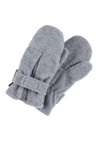 Graue Fleece-Handschuhe mit weicher Textur, abgerundeten Spitzen und einem Stoffband zur Anpassung. Mit einem Reißverschluss an der Seite für ein einfaches Anziehen.