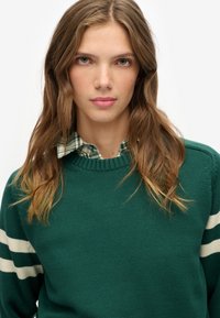 Zielony sweter z dzianiny z okrągłym dekoltem, z dwoma białymi paskami na rękawach. Pod spodem jest nałożona koszula w kratę.