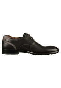 Chaussure habillée à lacets noire en cuir lisse, avec un panneau latéral texturé et des accents gris. Profil élancé avec une semelle plate.