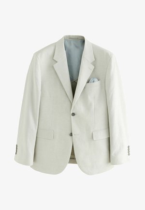 Hellbeiger Herrenblazer mit zwei Knöpfen, Revers mit Kerbe, vorderen Klappentaschen und einem hellblauen Einstecktuch in der Brusttasche.