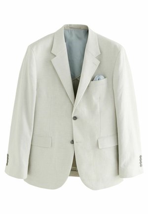 Blazer de lino gris claro con solapas de pico, dos bolsillos frontales y un pañuelo de bolsillo exhibido. Presenta cinco botones en las mangas.