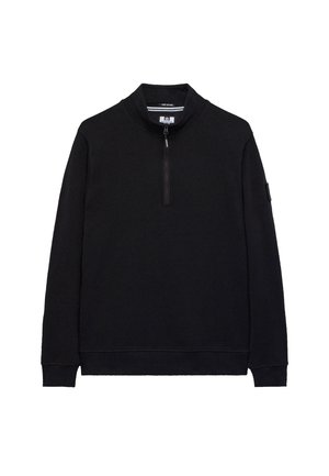 Black, long-sleeve pullover with a mock neck and half-zip closure; features a soft texture and a side accent detail.