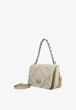 Beige strukturierte Stoffhandtasche mit Ketten- und Ledergriff, seitlicher Reißverschlusstasche und abnehmbarem Schulterriemen.