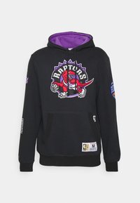 Czarna bawełniana bluza z kapturem z logo Toronto Raptors w kolorach czerwonym i purpurowym. Zawiera kieszeń kangurzą oraz ściągacze przy mankietach. Rozmiar medium.