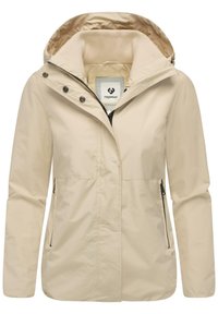 Beige vedenkestävä takki, jossa on vetoketjullinen etumus, säädettävä huppu ja kaksi sivutaskua. Pehmeä rakenne kevyestä ja hengittävästä kankaasta.