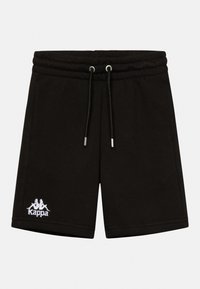 Schwarze Baumwollshorts mit elastischem Bund, verstellbarem Kordelzug und weißem Kappa-Logo auf dem linken Bein. Glatte Textur, knielanger Schnitt.