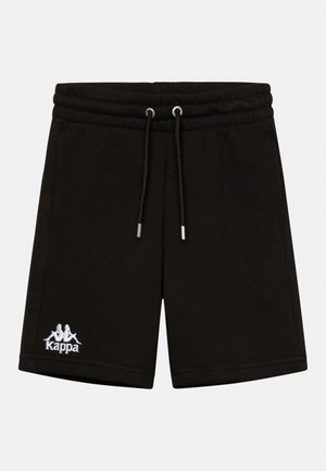 Schwarze Baumwollshorts mit elastischem Bund, verstellbarem Kordelzug und weißem Kappa-Logo auf dem linken Bein. Glatte Textur, knielanger Schnitt.
