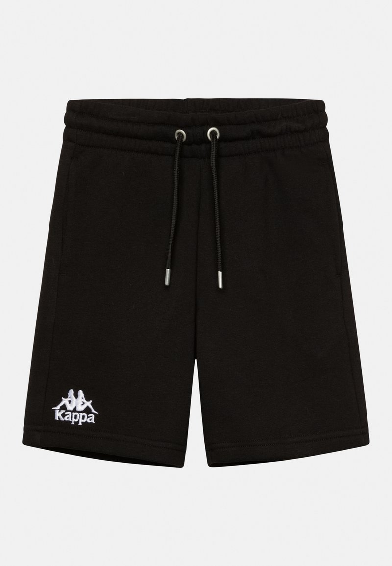 Schwarze Baumwollshorts mit elastischem Bund, verstellbarem Kordelzug und weißem Kappa-Logo auf dem linken Bein. Glatte Textur, knielanger Schnitt.