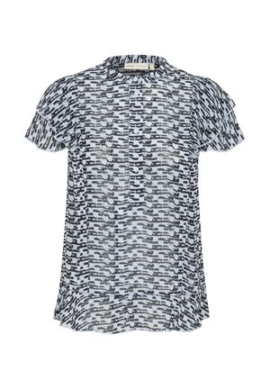Rövid ujjú blúz könnyű anyagból, fekete-fehér absztrakt mintával, gombos záródással és fodros részletekkel a vállaknál.