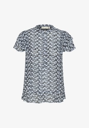 Kratka bluzica s kratkim rukavima od laganog materijala koja se ističe apstraktnim uzorkom u crnoj i bijeloj boji, zatvaranjem na dugmad i nabranim detaljima na ramenima.