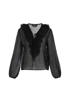 Schwarze transparente Bluse mit langen Ärmeln, Rüschenausschnitt,Bindeband vorne und lockerem Schnitt. Die strukturierte Stoffqualität sorgt für ein leichtes Erscheinungsbild.