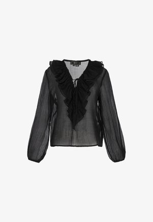 Černá průhledná blůza s dlouhými rukávy, volánkovým výstřihem, detailem zavazování v přední části a volným střihem. Texturovaná látka vytváří lehký vzhled.