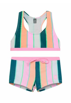 Zweiteiliger Kinderbadeanzug mit mehrfarbigen vertikalen Streifen in Pink, Pfirsich, Petrol und Hellgrün, mit einem Racerback-Oberteil und Shorts mit pinkem Bund.