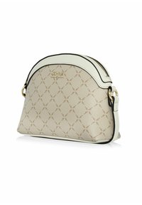 Beżowa torebka w wzory o sztywnym kształcie, z czarnymi wykończeniami i złotymi akcentami. Posiada zamek błyskawiczny i pojedynczy pasek na ramię.