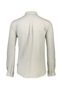 Lichtgrijs langemouw shirt met een klassieke kraag, knoopmanchetten, achterplooien en een gladde textuur. Eenvoudig, op maat gemaakte ontwerp.