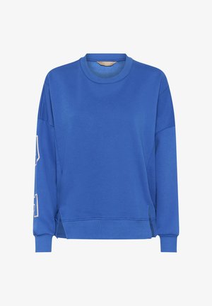 Sininen collegepaita pyöreällä pääntiellä, pitkät hihat, resoriset hihansuut ja sivuhalkiot. Päällä on sileä pinta ja koristeellinen yksityiskohta hihassa.