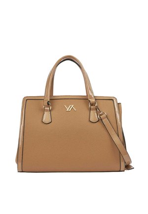 Borsa in pelle color cuoio con doppi manici, tracolla staccabile e piccolo logo dorato sul davanti.