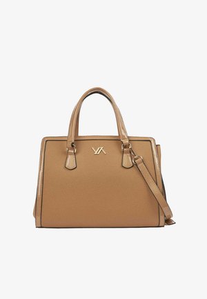 Borsa in pelle color cuoio con doppi manici, tracolla staccabile e piccolo logo dorato sul davanti.