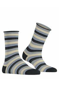 Gestreifte Socken mit horizontalen Bändern in Schwarz, Grau, Hellblau und Creme, mit einem strukturierten Strick und soliden schwarzen Bündchen und Zehen.
