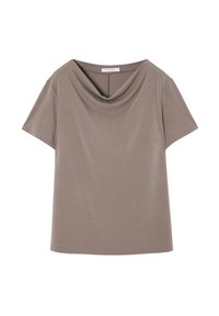 Top a maniche corte con collo a cowl in taupe, realizzato in tessuto morbido con una texture liscia e una vestibilità rilassata. Orlo pulito senza cuciture visibili.