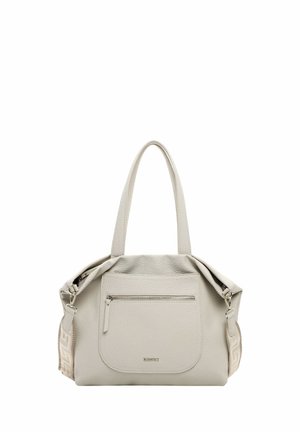 Sac à main en cuir gris avec deux poignées, finition texturée, poche zippée à l'avant et panneau latéral décoratif avec un motif géométrique.
