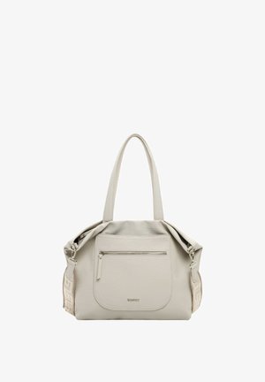 Grå lædertaske med to håndtag, tekstureret finish, frontlomme med lynlås og dekorativ sidepanel med et geometrisk mønster.