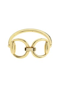 Guldtonet armbånd med to cirkulære sammenflettede ringe og et glat buet bånd der forbinder dem.
