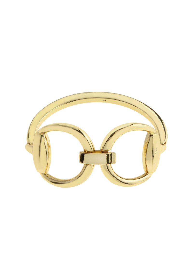 Guldtonet armbånd med to cirkulære sammenflettede ringe og et glat buet bånd der forbinder dem.