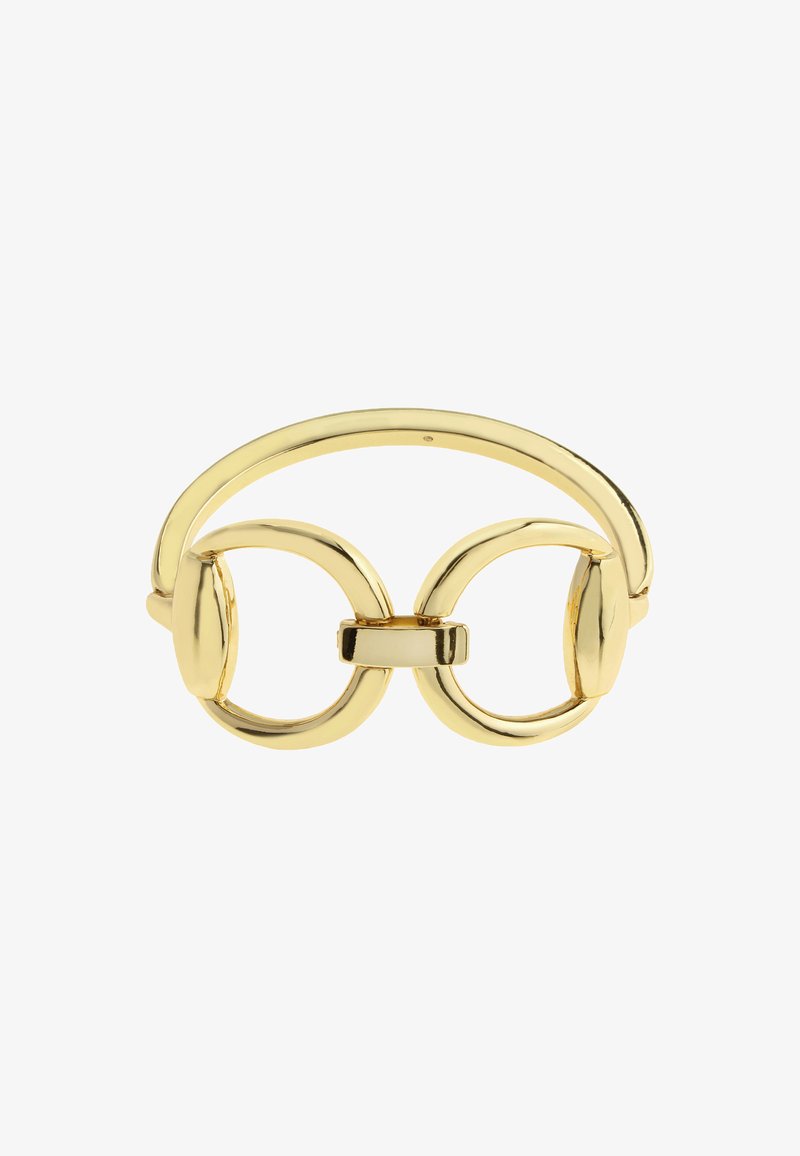 Guldtonet armbånd med to cirkulære sammenflettede ringe og et glat buet bånd der forbinder dem.