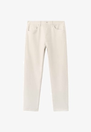 Beige, recht gesneden broek van katoen met een ontwerp met vijf zakken. Voorzien van een knoopsluiting en riemlussen, met een gladde textuur.