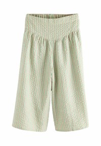 Ljusgröna och beige randiga shorts med elastisk midja och ett flödande design. Tillverkade av ett strukturerat tyg.