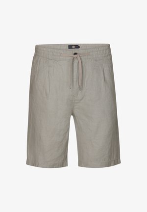 Shorts en lin gris clair avec une taille élastique, cordon de serrage ajustable et poches latérales. Présente une coupe décontractée et un ourlet cousu.