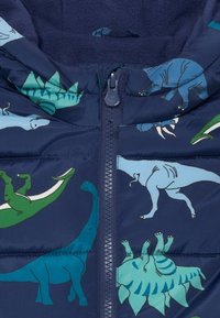 Kinderjacke in Marineblau mit bunten Dinosauriermotiven und zentralem Reißverschluss, der Kragen ist mit Fleece gefüttert.