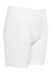 Vita stretchshorts med hög midja, slät yta och knälång design. Sömlös konstruktion utan synliga knäppningar eller mönster.