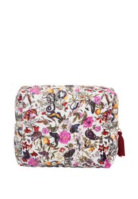 Borsa cosmetica trapuntata con un motivo floreale su sfondo bianco, in rosa, viola e verde; dotata di una cerniera con nappina bordeaux.